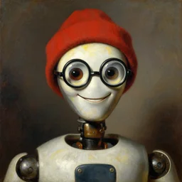 a william - adolphe bouguereau portrait painting of an smiling humanoid android with a red hat and big round glasses.