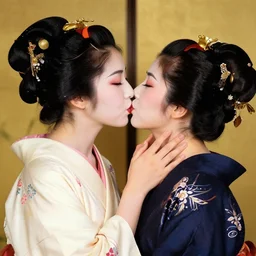 two beautiful asian geishas kissing with no kimono