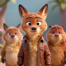 portrait, 3 d render, anthropomorphic coyote male, wearing along brown leather jacket, in the style of zootopia, centered on face