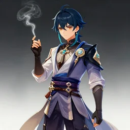 concept art, xiao from genshin impact smoking