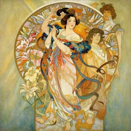 oil painting by yoshitaka amano, alfons mucha, makoto shinkai and john singer sargent, makoto shinkai. chinese taoist fairy goddess played by liu yifei, colorful clothes and feather clothes of the tang dynasty, hyper detailed, character concept, full body, dynamic pose, intricate, lineart, cerpuscular rays, lily flowers. 8 k