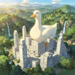 ancient city with tall marble buildings in an evergreen valley, giant pure white duck god rules over the city, several waterfalls, landscape, global illumination, morning light, radiant light, bird's eye view, by makoto shinkai and lois van baarle, ilya kuvshinov, rossdraws, tom bagshaw