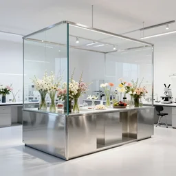 flower shop design by white science labotory made of stainless steel and glass, labotory equipment, minimal