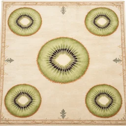 professional close - up photo of persian rug texture with huge kiwi fruits ornaments, top view, symmetrical, beautiful, square