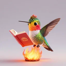 photo of a phoenix hummingbird reads a book while on fire raytracubg 3d render cute trending on artstation HD digital art