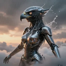 a biblical diabolical beautiful female android girl face, hawk, shiny hi tech armor, dynamic pose, splashing, heavy eyes to the side, glowing veins, in clouds, rain, sunset, portrait, by gerald brom, by mikhail vrubel, by peter elson, muted colors, extreme detail, reflections, trending on artstation, 8 k