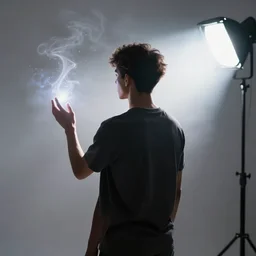 photo still of posterior view, young man enchanting a fog spell, subject in shadow, short fluffy hair, biracial, glowing magic, 8 k, studio lighting bright ambient lighting key light, 8 5 mm f 1. 8