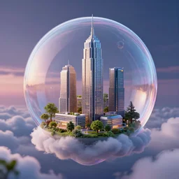 miniature skyscraper inside a bubble, floating on clouds, realistic 3 d render, unreal engine, gardens, ecofuturism, solarpunk, maya, 8 k, smooth, sharp focus, octane, twilight