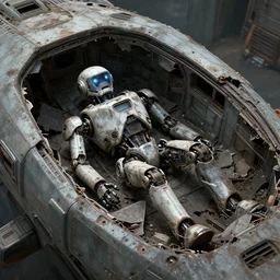 Cross-Section of a derelict and abandoned spaceship. A single defunct robot lying in the rubble.Trending on cgtrader ,High quality , highly detailed, 4k , dead space , system shock 2 , world of war spaceships