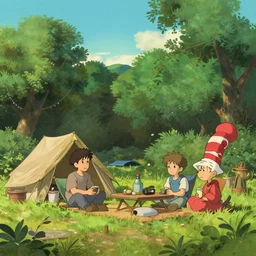 studio ghibli style anime campsite. homely digital art pastelpiece masterpiece trending on artstation by noel fielding, beeple, james gunn, gorillaz, marvel studios and dr seuss. hyper detailed portrait with 4 k macrolens, curated by beeple, unreal engine, art station and emmy winning gorillaz.