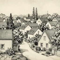 an elaborate and dense low angle painting of a peaceful neighborhood, detailed, made of alcohol ink on parchment and penned illustrations, by wes anderson and hieronymus bosch and geoff darrow