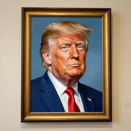 a presidential portrait of donald trump in the style caricature artist dan springer hanging on a wall at mar - a - largo