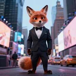 anthropomorphic furry fox wearing a tuxedo stands on the times square ,detailed, environment, building, cinematic lights,Digital Art, Artstation
