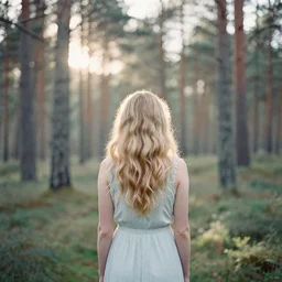 photograph of a beautiful!!! woman! from the back standing in a pine forest by mark owen. scotland mood. pastel colors. kodak portra 4 0 0 film!!. whirl bokeh!. mamiya 7. highly detailed. hq. photoreal. golden hour. lens flare. faded film. in - frame
