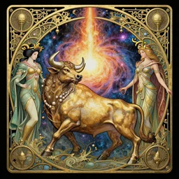 art nouveau, ancient alien galaxy, mithras slaying the cosmic bull, big bang, japanese pearl queen superheroes, mithras, unreal engine 8 k