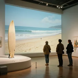 megalophobia!!!!! photo of an exhibit museum room, people looking at a surfers at a beach, 1 9 6 5, artstation, national art museum, scientific, ethereal, rule of thirds