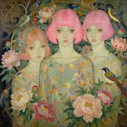 breathtaking detailed concept art deco painting blend of pink short hair goddesses of peonies by hsiao - ron cheng with anxious piercing eyes, vintage illustration pattern with bizarre compositions blend of flowers and fruits and birds by beto val and john james audubon, exquisite detail, extremely moody lighting, 8 k