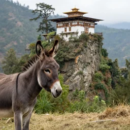 a donkey looking at tiger's nest in bhutan