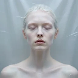 out of focus photorealistic portrait of a beautiful aesthetic pale woman by saul leiter, behind a white latex sheet, very blurry, translucent white skin, closed eyes, foggy