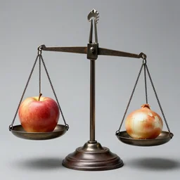 set of balance scales, one apple in one side, one onion in the other
