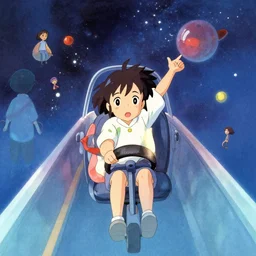 dithered full body portrait of a young girl driving away in space views from a distance, colorful, cute face by ilya kuvshinov, yoshinari yoh, makoto shinkai, katsura masakazu, dynamic pose, mads berg, ( kyoani ), rounded eyes, illustration, anime poster, anime visual, shading