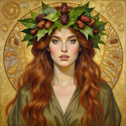 epic painting drawing, full figure portrait of beautiful goddess supermodel goddess face poses wearing olive blouse, long brown red wavy hair, green tea leaves bridal crown with sweet dried dates fruits, medjool dates, dried dates, photography by amy leibowitz, wlop, jeremy lipkin, beeple, intricate, symmetrical front portrait, artgerm, mucha