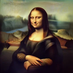 a portrait of a woman painted by leonardo da vinci., the woman in the painting is shown seated with her hands folded in her lap, she is wearing a simple dress with a pattern of flowers, her hair is pulled back from her face and she has a small, faint smile, the background of the painting is a landscape of rolling hills and mountains, the sky is a light blue, and there are small clouds in the distance, h 5 0 0
