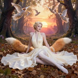 portrait, elgeant woman with fox tails, ivory pale skin, luxurious dress!!!!, halter neck, laying in spring leaves, in a magical forest, sunset!!, angels flying in the background, vibrant, hyperrealism, fantasy, crepuscular rays, by krenz cushart and charlie bowater, wlop, artgerm