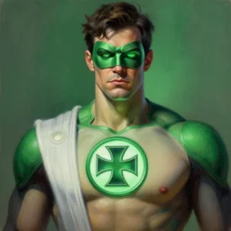 green lantern from dc comics, closeup portrait, sci fi, fantasy, intricate, with german iron cross on bare chest, elegant, loin cloth, highly detailed, oil painting, artstation, concept art, matte, sharp focus, illustration, hearthstone, art by earl norem