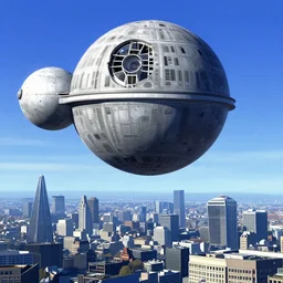 the death star being constructed high in the atmosphere above the london city skyline, ralph mcquarrie style, artstation,