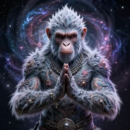 a wlop 3 d render of very very very very highly detailed beautiful mystic portrait of a phantom ape mage with whirling galaxy around, tattoos by anton pieck, intricate, extremely detailed, digital painting, artstation, concept art, smooth, sharp focus, illustration, intimidating lighting, incredible art,