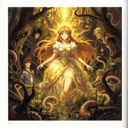 a page from picture book the princess in dark demoniac evil swamp, golden time, worm color tone, detailed. by satoshi kon, ilya repin, lena aenami, shinji kimura