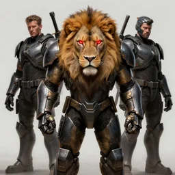 tactical armor, anthropomorphic lion, lion face, neon red eyes, masterpiece, by donato giancola and greg rutkowski and wayne barlow and zdzisław beksinski