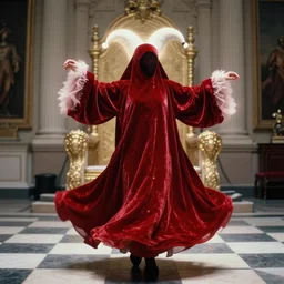 realistic photo of a blurred face of a jester, dressed in a red velvet burqa, dancing in a checkerboard throne room, emitting aura, 1 9 6 0, life magazine photo, natural colors, metropolitan museum, kodak, 8 k, very detailed, high resolution, product photo,
