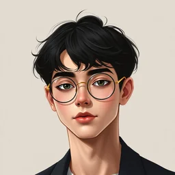 portrait of a cute androgynous young man with black hair and round glasses, heart shaped head, detailed face, clean shaven, round gucci glasses, elegant digital art by george tooker, trending on artstation