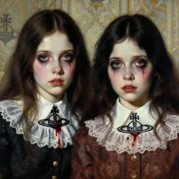 a beautiful and eerie baroque painting of two beautiful but creepy siblings wearing vivienne westwood collars in layers of fear, with haunted eyes and dark hair, 1 9 7 0 s, seventies, wallpaper, a little blood, morning light showing injuries, delicate embellishments, painterly, offset printing technique, by brom, robert henri, walter popp
