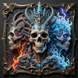 3 d ornate carved lovecraftian with tattoos profile portrait, sigma 5 0 0 mm f / 5. beautiful intricate highly detailed quetzalcoatl skull. bioluminescent, plasma, lava, ice, water, wind, creature, thunderstorm! artwork by tooth wu and wlop and beeple and greg rutkowski, 8 k trending on artstation