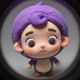photo of a clay model of character with large spherical purple head and tiny eyes with comically tiny body and spindly limbs leans close to the camera, fish eye lens, 4 k, hyper realistic, hyper detailed face, octane render, comedic, cute
