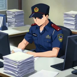 a cinematic shot from the anime film of the ( ( ( ( cyberpunk ) ) ) ) police detective's disorganised desk with stacks of folders and files and the wall with a corkboard of crime connections ( ( ( crimescene photos, cases and notes ) ) ) in her bedroom, in the anime series ergo proxy, featured on artstation