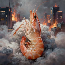 ultra realist and ultra intricate detailed soft painting of a shrimp, from the waist up, symmetry features, sensual gloomy style, volumetric clouds, cyberpunk burning building background, artstation, unreal render, depth of field