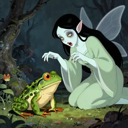 Scary godlike fairy killing a frog, colorful , cel animation , extremely detailed masterpiece, illustration, by Michael Sowa