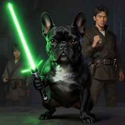 character concept portrait, jedi black french bulldog holding a bright green lightsaber. dark room. in the style digital painting, concept art, smooth, sharp focus, illustration, from metal gear, by ruan jia and mandy jurgens and william - adolphe bouguereau, artgerm
