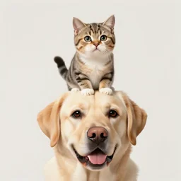 tiny cat riding a labrador, cat on top of dog, concept art, artstation, trending on Instagram, Twitter, perfect face