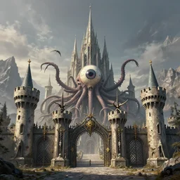 nordic celtic alien eyeball tentacle skull antler castle in the mountains, pointy architecture, massive gates, tower keep, ironwork, detailed infrastructure by greg rutkowski and rodney matthews, artstation, perfect horizontal symmetry, extremely hyperdetailed, uhd
