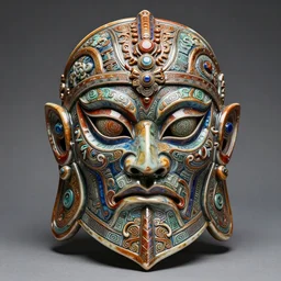 fantasy art ultra 4 k photo of a bizzare colorful metal armor warrior mask made of ceramic intricately spectacular magnificently carved by a master engraver by h. r. giger