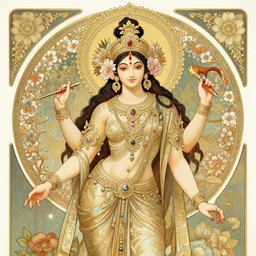 beautiful and playful hindu goddess, art nouveau, fantasy, intricate indian flower designs, elegant, highly detailed, sharp focus, art by chie yoshii