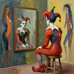 jester sitting on a stool looking into a mirror by james jean and luc tuymans and beeple and hernan bas and hilma af klint, abstract background, psychological, dripping paint, high quality render, masterpiece