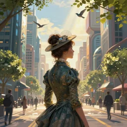 portrait of a victorian lady in a futuristic city, from behind, streets, birds in the sky, sunlight and rays of light shining through trees, tall buildings on the sides, beautiful, solarpunk!!!, highly detailed, digital painting by Michael Garmash, Donato Giancola, in the year 1700