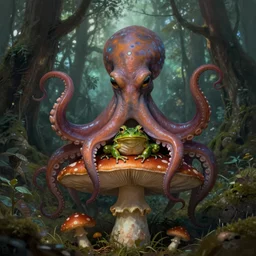 cthulhu octopus frog sitting on mushroom, full body shot, highly detailed, forest, toadstool, digital painting, concept art, sharp focus, illustration, masterpiece, matte painting, glorious, unsettling, by lovecraft and greg rutkowski, luis royo and wayne barlowe, artstation