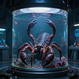 slimy wet scorpion lovecraft alien tarantula blob monster trapped inside a large transparent science fiction mass effect glass containment chamber filled with liauid in a furnished science fiction spaceship laboratory, dramatic lighting, octane, trending on artstation, volumetric lighting — w 6 4 0